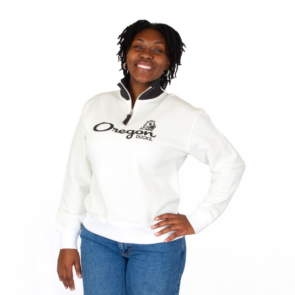 Ducks Spirit, Blue 84, White, Pullover, Cotton Blend, Women, Oregon, Ducks Mascot, 1/4-zip, Sweatshirt, 1013750